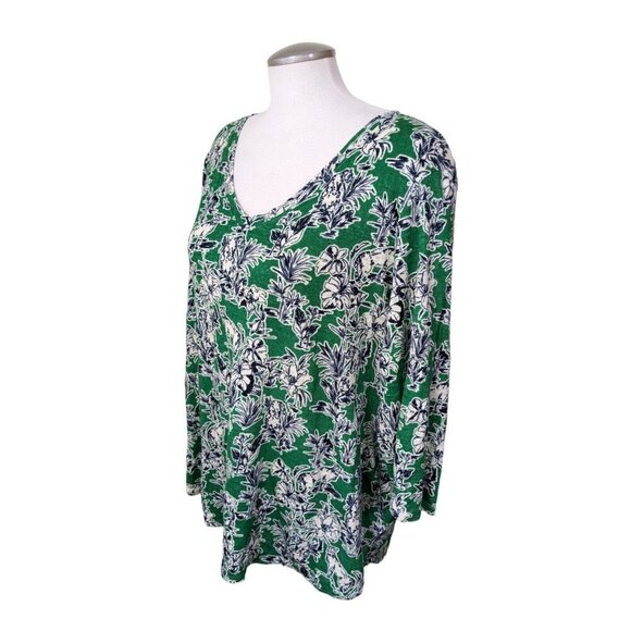 C & C California Womens Plus Size 2X Linen Top Green Tropical Print V Neck - Picture 4 of 6